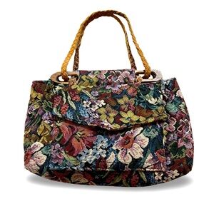 Vintage Ozark Mountain Handbags Floral Tapestry Handbag w/ Wood & Leather Straps